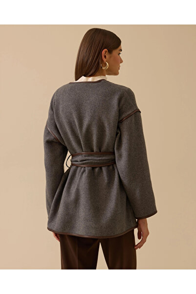 SEÇİL Suni Deri Biyeli Kuşaklı Ceket