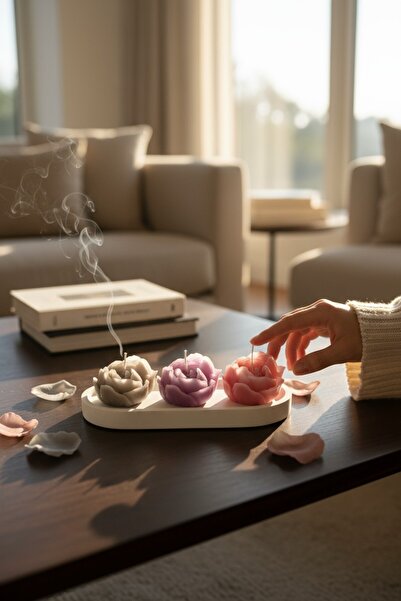 NİLCANDLE Dekoratif Beton Altlık - Gül Kalpli Desenli Kokulu Mum Seti – Doğal...