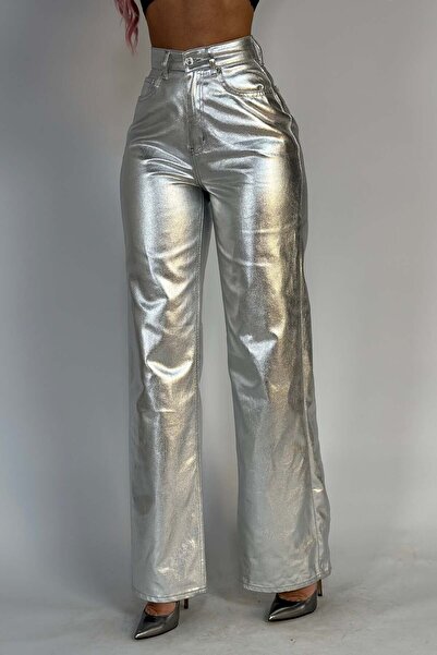 WildFashion Blugi casual cu talie inalta model evazat din denim argintiu lucios K931-6