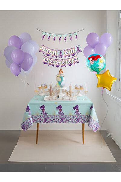 Umamiçe مجموعة زينة حفلات بثيم حورية البحر (لافتة، راية، مفرش طاولة)
