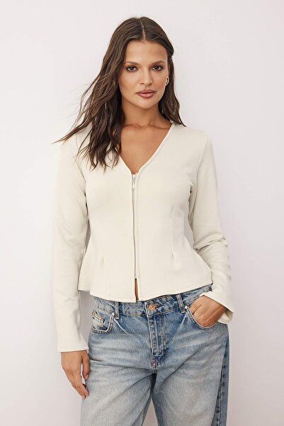 Trendyol Collection Stone Soft Touch V-Neck Zipper Regular/Regular Cut Knitted Blouse Twoaw26Bz00180