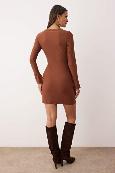 Trendyol Collection Dark Brown Shirring/Drape Detail Bodycon Mini Soft Fabric Stretchy Knitted Dress Twoaw26El00139