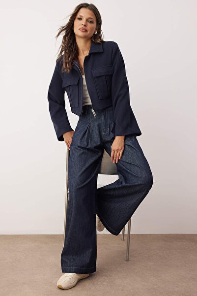 Trendyol Collection Blugi cu talie înaltă, plisați, cu picioare extra late, albastru închis TWOAW26JE00238