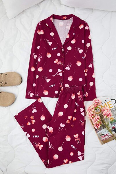 Trendyol Collection Plum 100% Cotton Heart Knitted Pajama Set Thmaw25Pt00141
