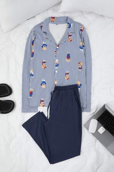 Trendyol Collection Navy Blue Teddy Bear Pattern Couple/Pair Regular Shirt-Pants Pajamas Set Tmnaw26Pt00031