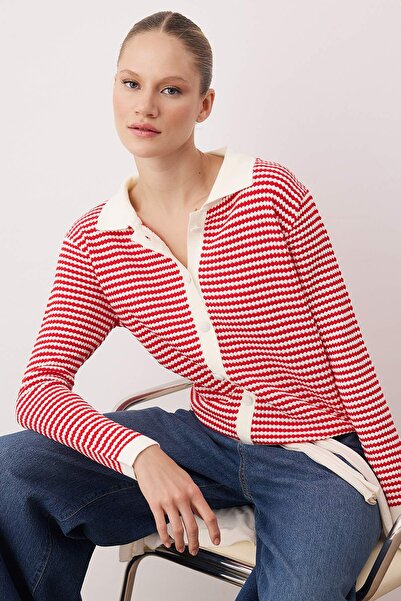 Trendyol Collection Red Striped Polo Neck Detailed Knitwear Cardigan Twoaw26Hi00263