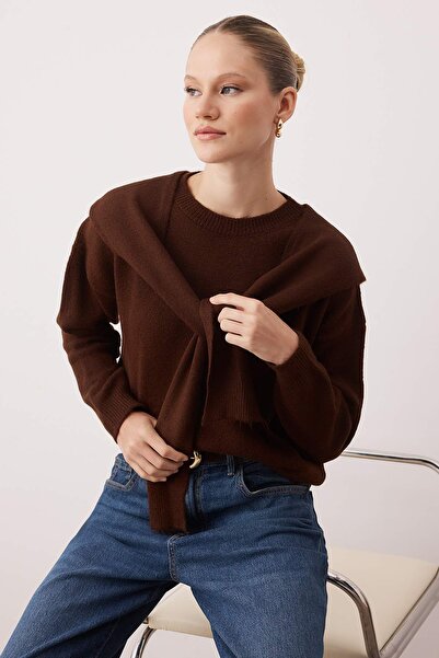 Trendyol Collection Brown Soft Textured Wide Fit Shawl Knitwear Sweater Twoaw26Kz00166