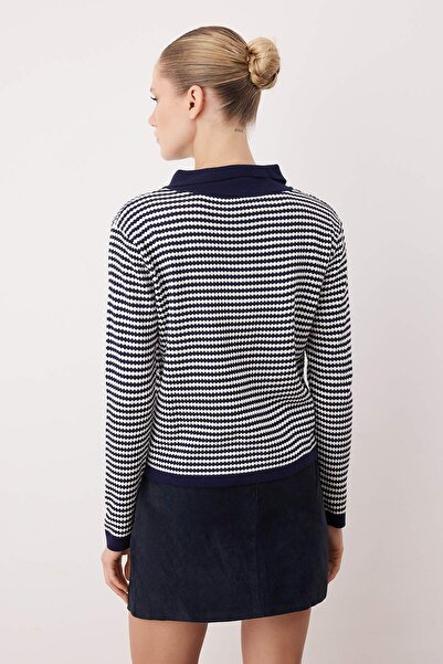 Trendyol Collection Navy Blue Striped Polo Neck Detailed Knitwear Cardigan Twoaw26Hi00263