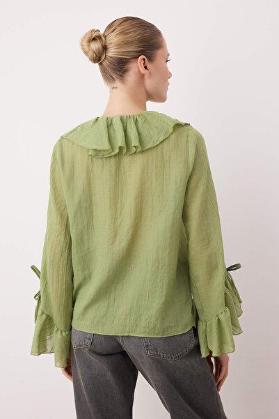 Trendyol Collection Green Ruffle Bohemian Thin Cotton Fabric Long Sleeve Woven Blouse Twoss25Bz00551