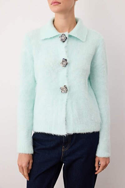 Trendyol Collection Mint Rose Button Detailed Boucle Yarn Wide Fit Knitwear Cardigan Twoaw26Hi00109