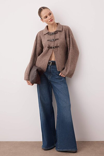 Trendyol Collection Mink Soft Textured Coat Look Knitwear Cardigan Twoaw25Hi00100