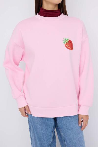 Trendyol Collection Teen Light Pink Strawberry Printed Knitted Sweatshirt with Fleece Inside Twoaw26Sw00196
