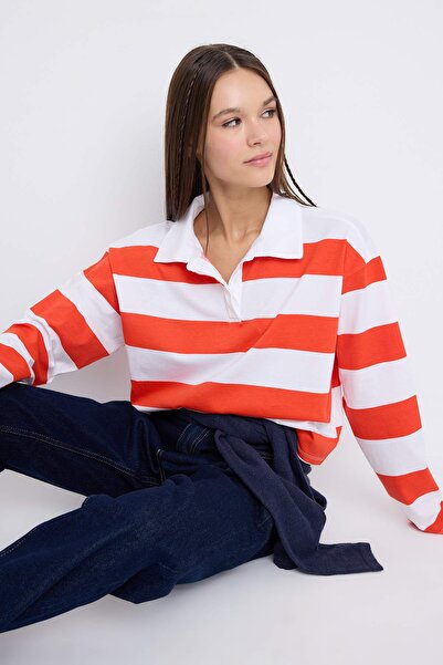 Trendyol Collection Teen Orange ριγέ γιακά πόλο Χαλαρό Crop/Άνετο κοντό πλεκτό μπλουζάκι TWOAW26TS00011