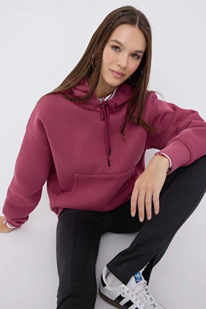 Trendyol Collection Teen Dusty Rose Thick Fleece Inside Hooded Pocket Asymmetric Knitted Sweatshirt Twoaw26Sw00113