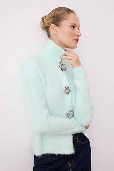 Trendyol Collection Mint Rose Button Detailed Boucle Yarn Wide Fit Knitwear Cardigan Twoaw26Hi00109