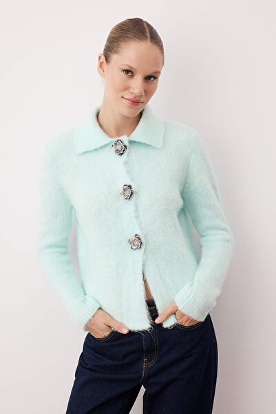 Trendyol Collection Mint Rose Button Detailed Boucle Yarn Wide Fit Knitwear Cardigan Twoaw26Hi00109