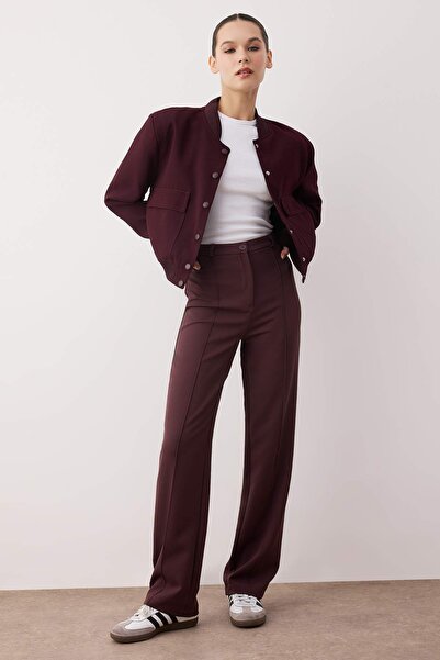 Trendyol Collection Plum Thick Flexible Fabric Straight Straight Cut High Waist Ribbed Seam Trousers Twoaw26Pl00027