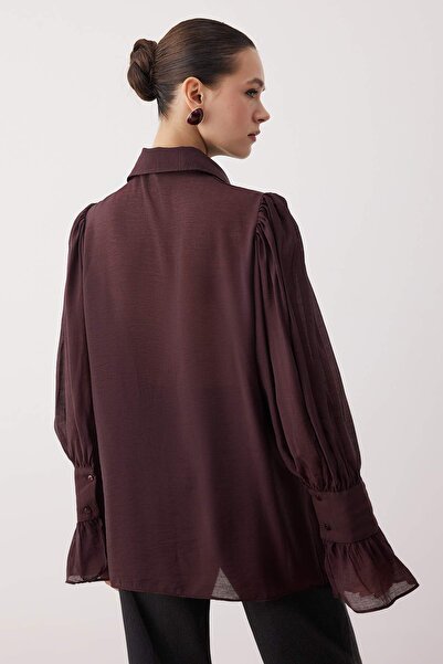 Trendyol Collection Barna fűzős részletek Könnyű áttetsző, puha tapintású boho ing TWOAW26GO00111