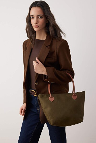TRENDYOL SHOES Khaki Suede Maxi Women's Tote Shoulder Bag Takaw26Oc00042