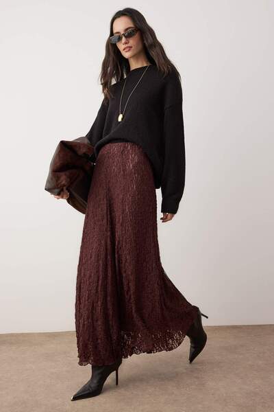 Trendyol Modest Brown Lined Lace Fabric Knitted Skirt Tctaw26Ee00017