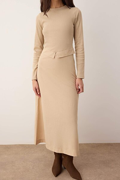 Trendyol Modest Camel Unlined Plain Knitted Woven Fabric Ribbed/Camisole Hijab Dress Tctaw26Eb00047