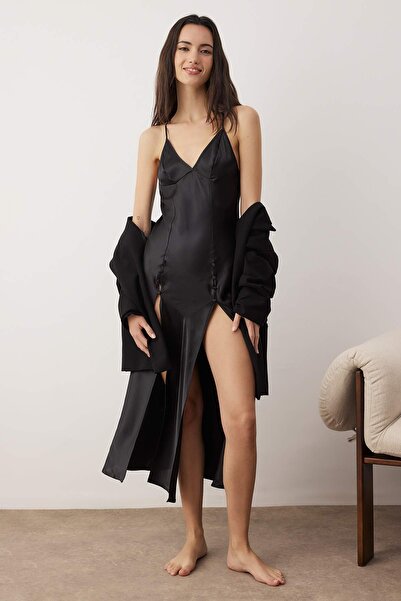 Trendyol Collection Black Slit Satin Woven Nightgown Thmaw26Gc00000