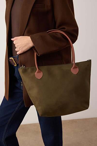 TRENDYOL SHOES Khaki Suede Maxi Women's Tote Shoulder Bag Takaw26Oc00042