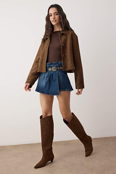 Trendyol Collection Fusta scurtă din denim cu curea plisată albastră TWOAW26SR00042