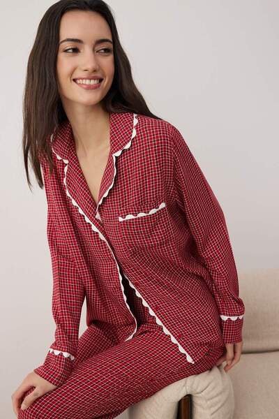 Trendyol Collection Burgundy Plaid / Check Shally Woven Pajama Set Thmaw26Pt00100