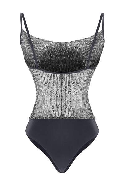 Trendyol Collection Anthracite Degaje Collar Strap Knitted Sequin Snap Fastener Bodysuit Tpraw26Bd00030