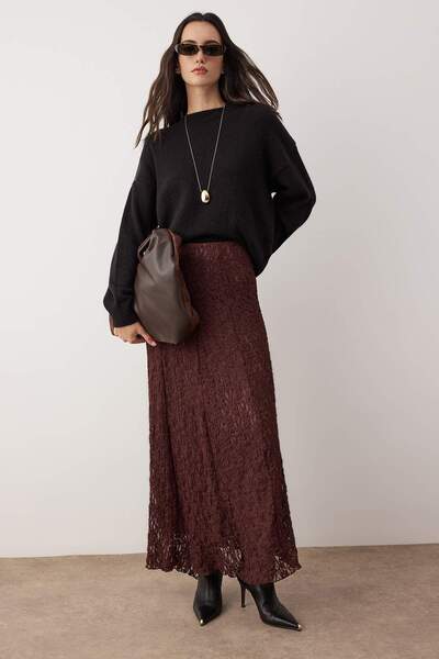 Trendyol Modest Brown Lined Lace Fabric Knitted Skirt Tctaw26Ee00017