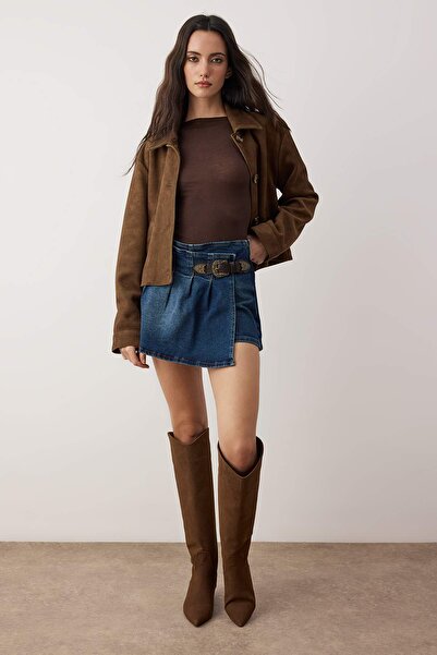 Trendyol Collection Fusta scurtă din denim cu curea plisată albastră TWOAW26SR00042