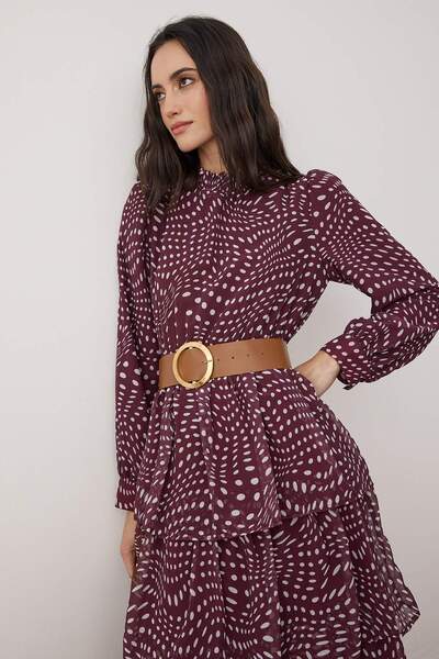 Trendyol Modest Burgundy Belted Lined Floral Woven Chiffon Hijab Dress Tctss25Eb00062