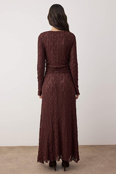 Trendyol Modest Brown Lined Lace Fabric Knitted Dress Tctaw26Eb00053