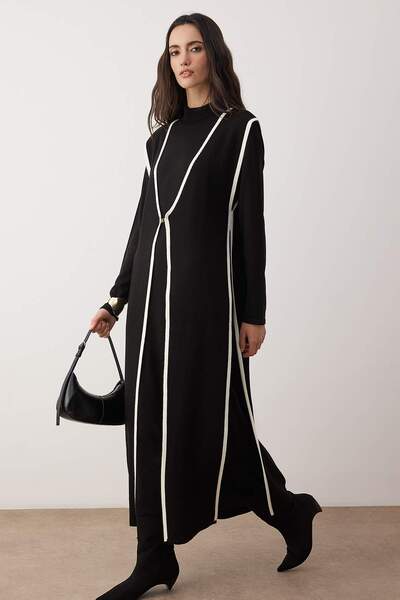 Trendyol Modest Black A-Line Interlock Plain Knitwear Hijab Bottom - Top Set Tctaw26Us00060