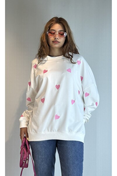 TF The Fancy For You Kadın Bisiklet Yaka Kalp Desenli Oversize Uzun Kollu Sweatsirt
