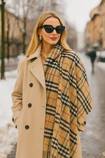 FELLMENS Μαλακό καρό μοτίβο με φούντες, χοντρό κασκόλ ώμου από σαφράν