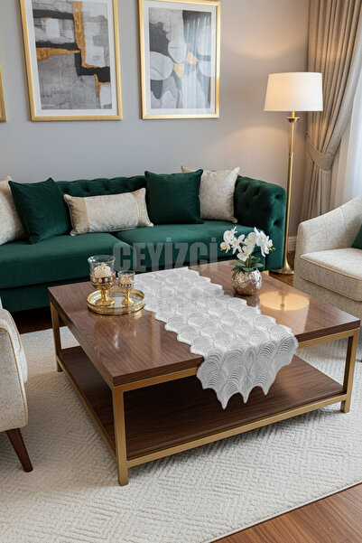 Çt Çeyizci Tekstil Fransız Dantel Detaylı Tek Runner Krem, Masa Üzerine Runner, Masa Örtüsü Runneri