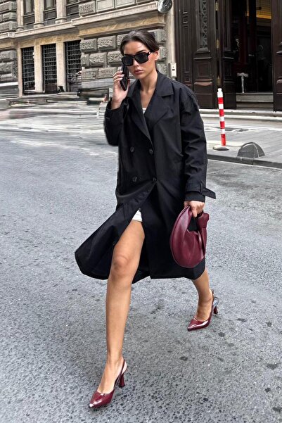 Madmext Siyah Düğmeli Kruvaze Yaka Kadın Uzun Trençkot Mg2510