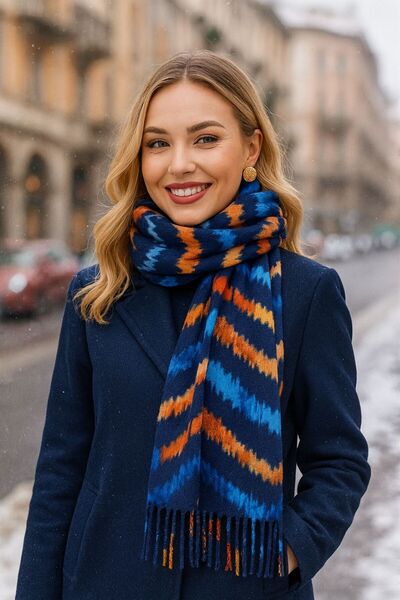 FELLMENS Şal de damă cu ciucuri albastru sax cu model dungi