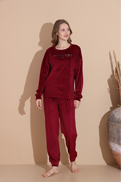 Temporium Kadın Baskılı Desenli Uzun Kollu Fransız Kadife Pijama Takımı