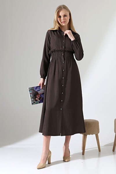 ZEROGAPRİSE Buttoned Waist Elastic Bag Pocket Dress