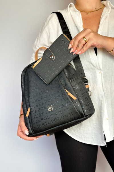 Just Polo حقيبة ظهر نسائية كبيرة الحجم تحتوي على 9 أقسام، باللونين الأسود والأسود، مناسبة للاستخدام اليومي 4040