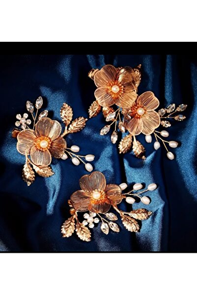 Accessories Zirkon taşlı ,Gold ,çiçekli üçlü Gelin Taci,tokasi