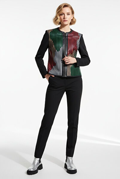 Deriderim Green Red Beige Lona Striped Leather Printed Women's Genuine Leather Jacket on Tulle