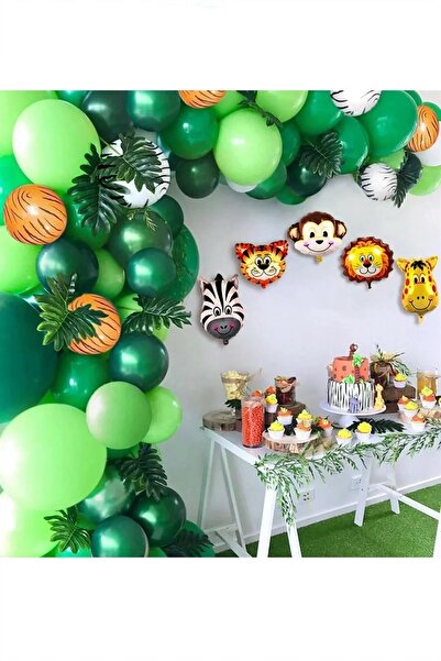 Parti dolabı Tropikal Safari Temalı 50li Balon Zinciri, Çizgili Kaplan ve Zebra, Hayvan Kafaları Balon Yapışkanı
