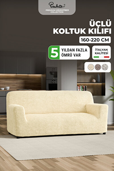 Paulato Piliseli Lastikli Esnek ve Yıkanabilir 3 Kişilik Koltuk Örtüsü - Vanilya