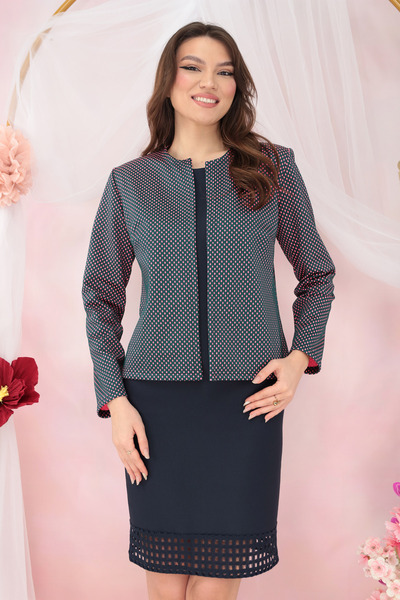 Vanessa Line RO Suit - navy blue dress and navy blue jacket with pink polka dots