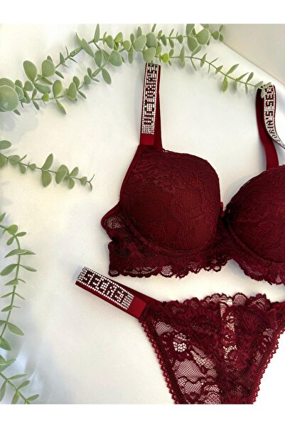 dorsha Stílusos, köves csipkével alátámasztott női melltartó és tanga szett