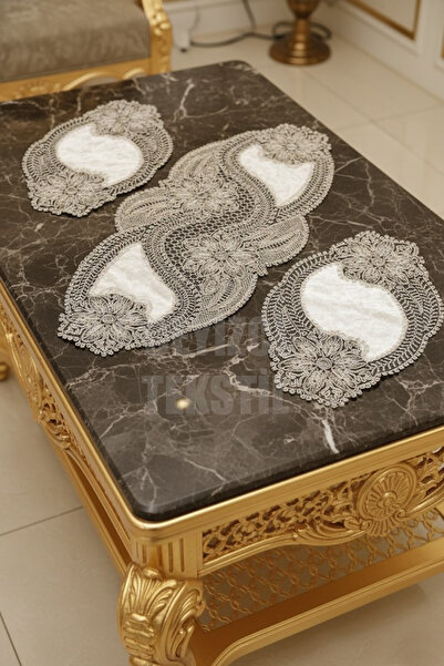 Çt Çeyizci Tekstil Salon Takımı, Yatak Odası 3 Parça Sehpa Örtüsü, Masa Örtüsü 3 Parça Oda Takımı - Krem Kadife